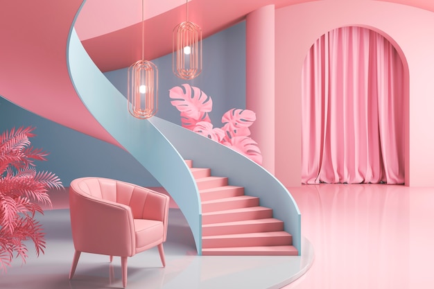 Design de interiores de sala 3D com motivos azuis