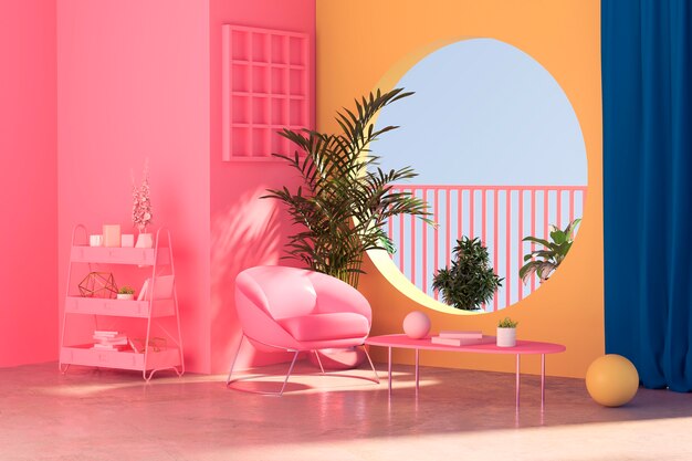 Design de interiores de sala 3D com plantas