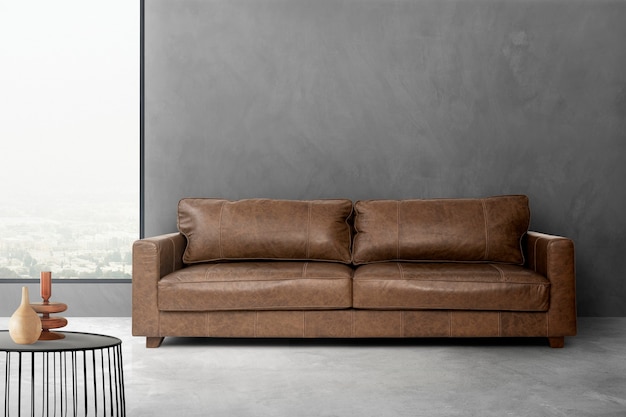 Design de interiores de sala de estar industrial com sofá de couro sintético