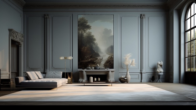 Design de interiores em estilo neoclássico com mobiliário e decoração