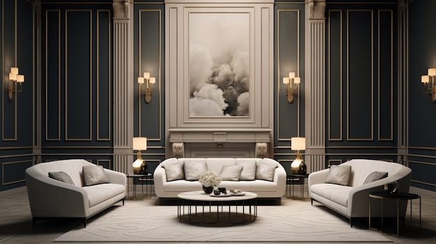 Design de interiores em estilo neoclássico com mobiliário e decoração