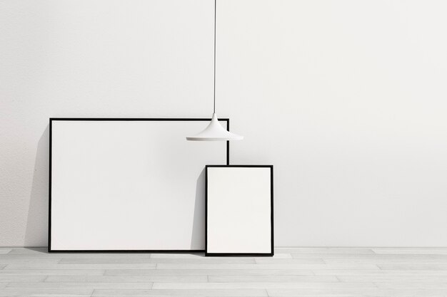 Design de interiores minimalista de sala de estar com molduras em branco