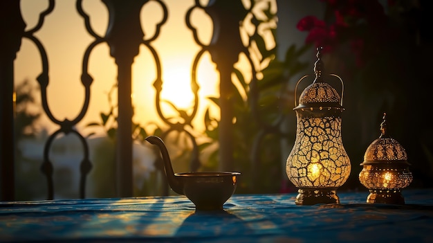 Foto grátis design de lanterna de estilo islâmico para celebração do ramadão com espaço de cópia