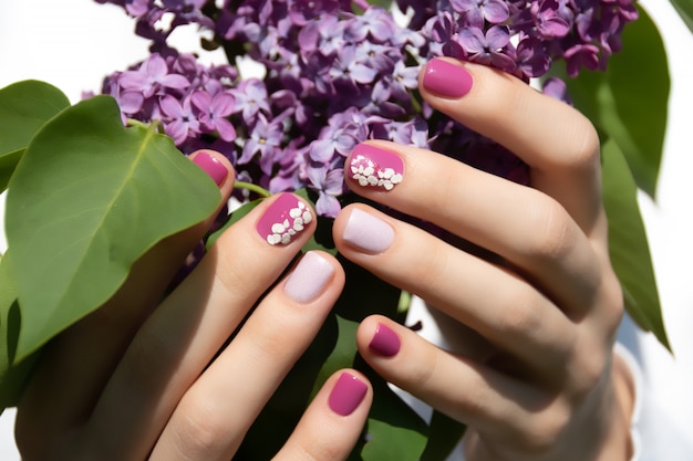 Design de unhas rosa. mão feminina com manicure rosa segurando lilás roxo.