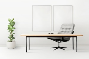 Design interior minimalista de escritório doméstico com planta de figo em folha de violino