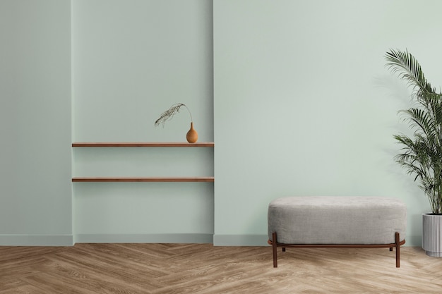 Design interior minimalista de sala de estar com parede verde menta