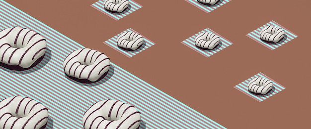 Design mínimo criativo 3d renderiza rosquinhas vitrificadas brancas no espaço de geometria isométrica. bandeira. restaurante, padaria, conceito de entrega de comida arte moderna.