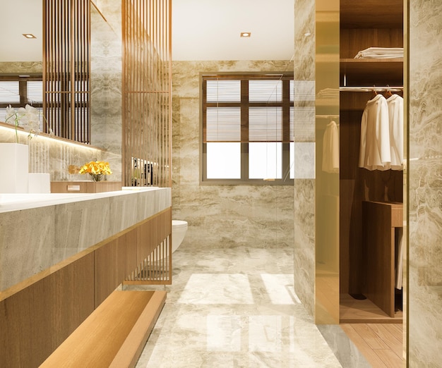 Design moderno de renderização em 3D e banheiro e banheiro e guarda-roupa de mármore com closet