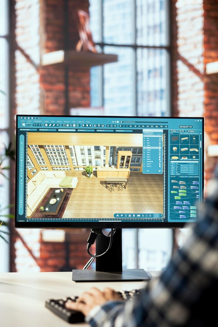 Foto grátis designer de interiores preparando uma pré-visualização visual para clientes no pc em close-up