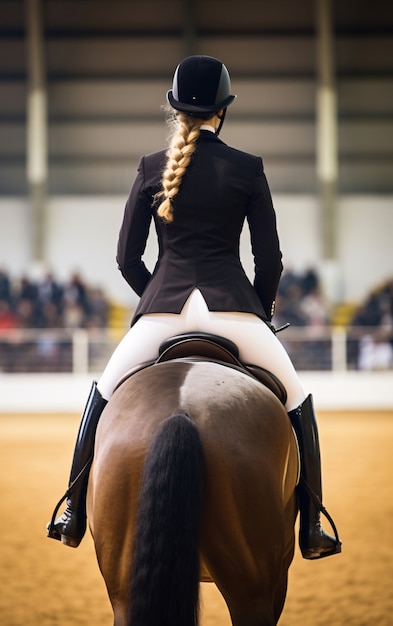 Foto grátis desporto de equitação com cavaleira feminina.