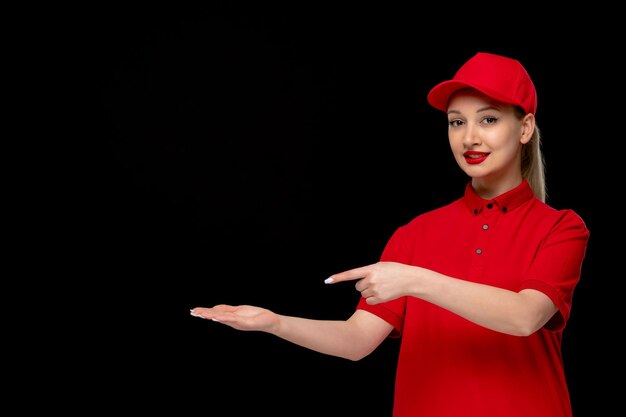 Dia da camisa vermelha senhora bonita apontando para a esquerda em um boné vermelho vestindo camisa e batom brilhante