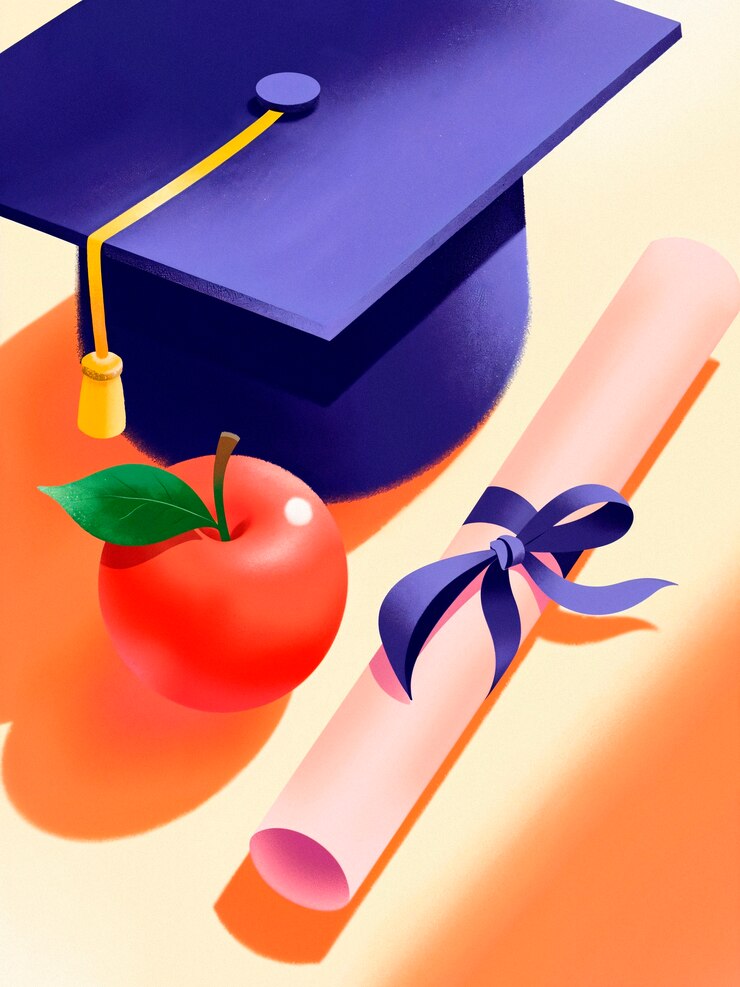 Foto grátis dia da formatura: diploma, cartão de argamassa e maçã
