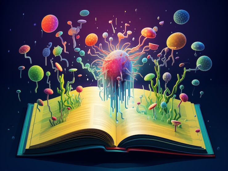 Foto grátis dia internacional da educação em estilo de desenho animado com livro aberto e mundo de fantasia