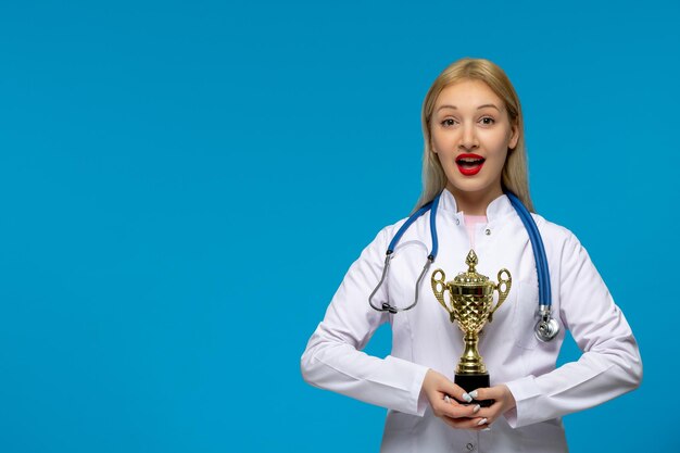 Dia mundial dos médicos feliz jovem médico loiro com troféu de ouro com estetoscópio no jaleco