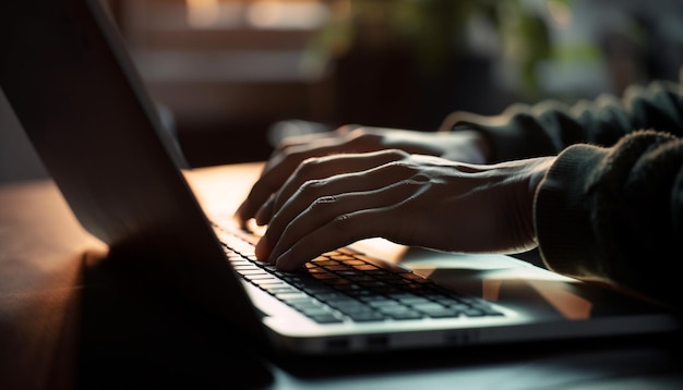 Digitando um e-mail na mesa do escritório gerado pela IA