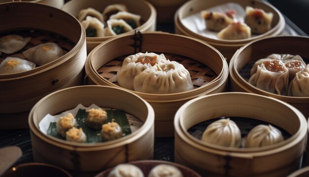 Dim sum chinês cozido no vapor em cesta de bambu gerada por IA