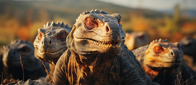 Foto grátis dinossauro com crocodilo de boca aberta na floresta