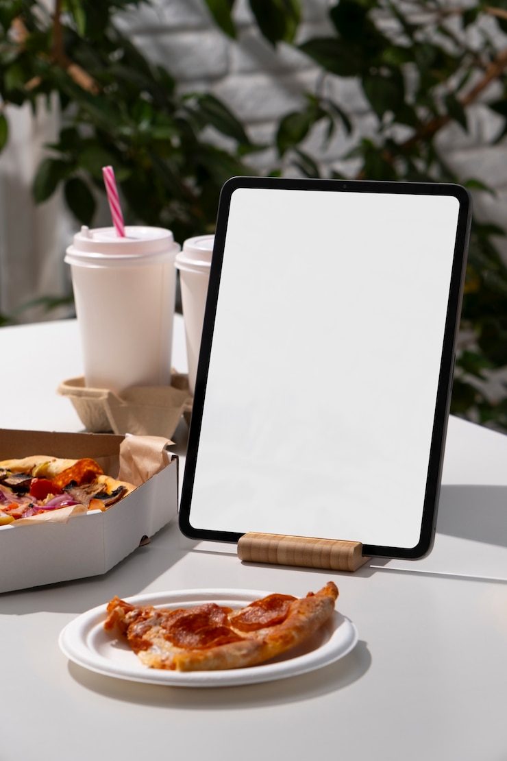 Foto grátis dispositivo com espaço de cópia da mesa com comida