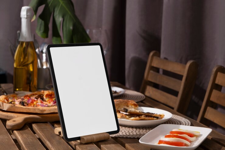 Foto grátis dispositivo com espaço de cópia da mesa com comida