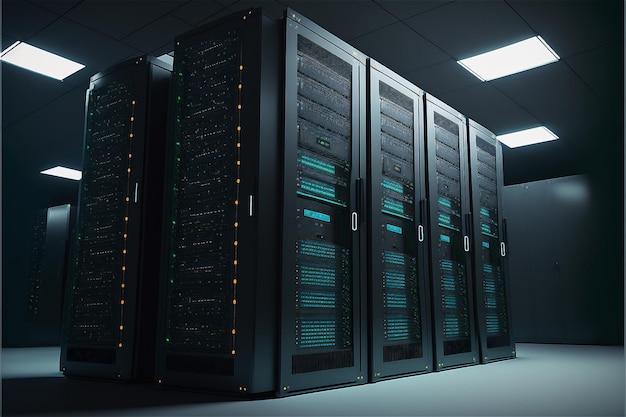 Dispositivos de mainframe em racks na sala com conteúdo de internet cibernética de big data Luz neon gabinete de servidor de computação em nuvem moderno sistema de hardware de armazenamento de comunicação