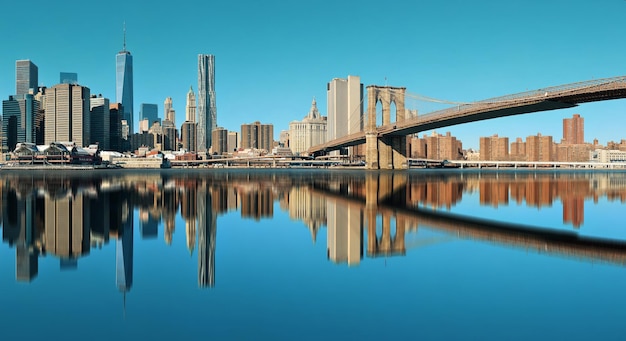 Foto grátis distrito financeiro de manhattan com arranha-céus e reflexões da ponte de brooklyn.