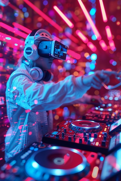 Foto grátis dj futurista usando óculos de realidade virtual para encabeçar a festa e tocar música