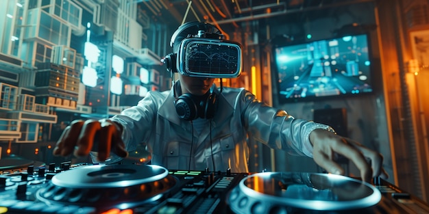 Foto grátis dj futurista usando óculos de realidade virtual para encabeçar a festa e tocar música