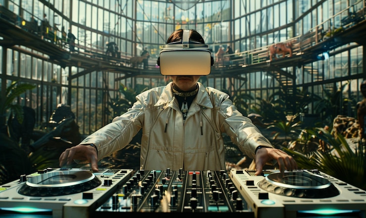 Foto grátis dj futurista usando óculos de realidade virtual para encabeçar a festa e tocar música