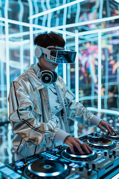 Foto grátis dj futurista usando óculos de realidade virtual para encabeçar a festa e tocar música