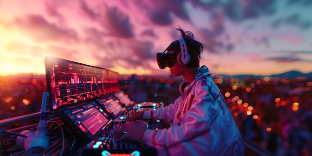 DJ futurista usando óculos de realidade virtual para encabeçar a festa e tocar música