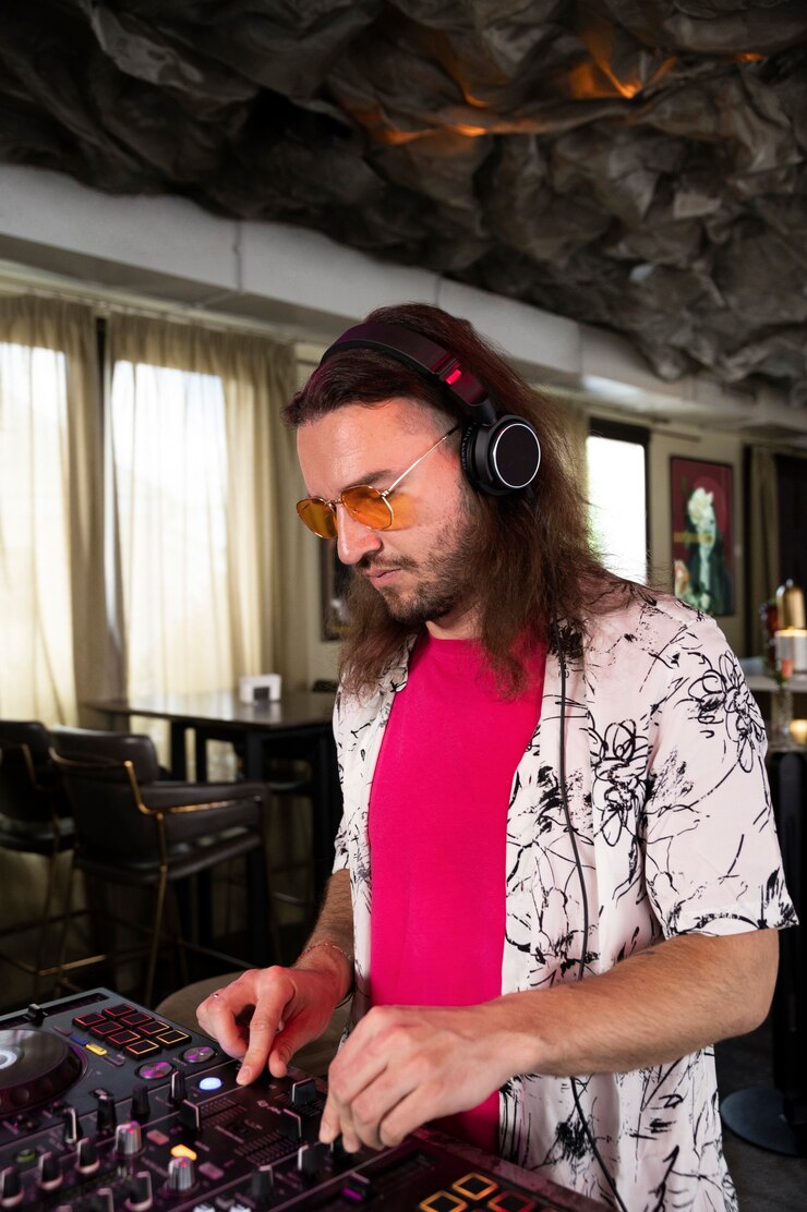 Foto grátis dj masculino cuidando do entretenimento musical em uma festa