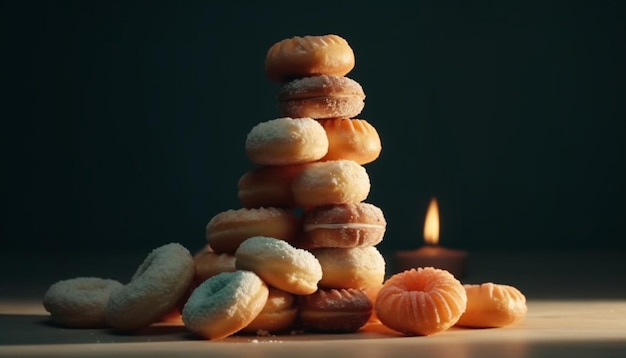 Doce decoração de pilha de biscoitos de chocolate à luz de velas gerada por IA