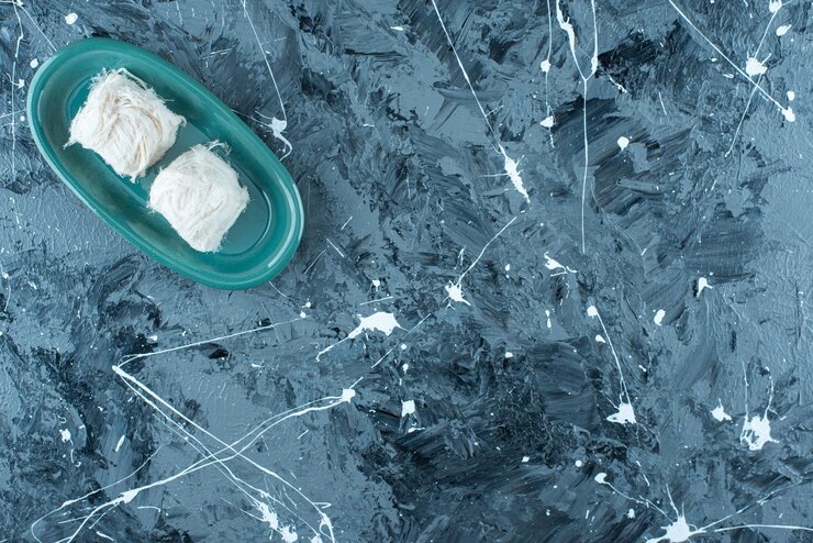 Foto grátis doces de algodão turco tradicionais num prato, na mesa azul.