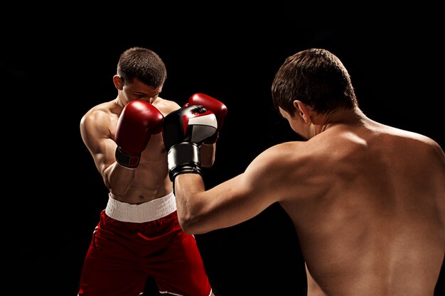 Dois boxeadores profissionais de boxe na parede preta