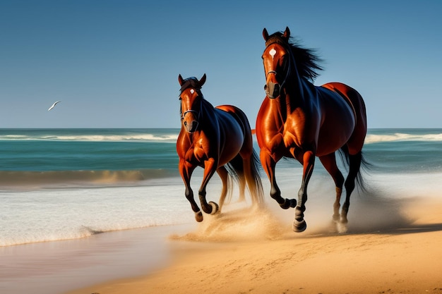 Dois cavalos correndo na praia com o céu ao fundo