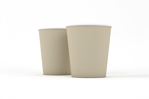Dois copos de papel bege perfeitos para uma bebida para levar.