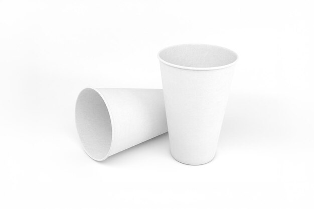 Dois copos de papel branco contra um fundo branco limpo
