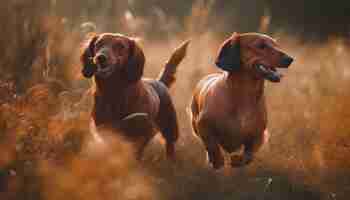 Foto grátis dois dachshunds correndo em um campo com o sol brilhando sobre eles