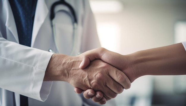 Dois empresários apertando as mãos em um hospital gerado por IA