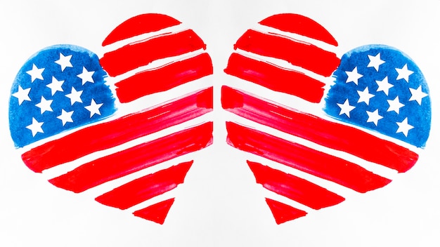 Foto grátis dois, eua, bandeira, pintado, formas coração, branco, fundo
