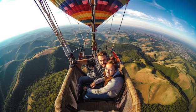 Foto grátis dois homens voando alto em balão de ar quente gerado por ia
