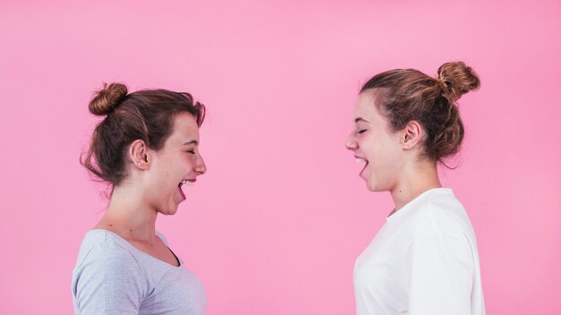 Dois, mulheres jovens, ficar, cara enfrentar, gritando, contra, fundo cor-de-rosa