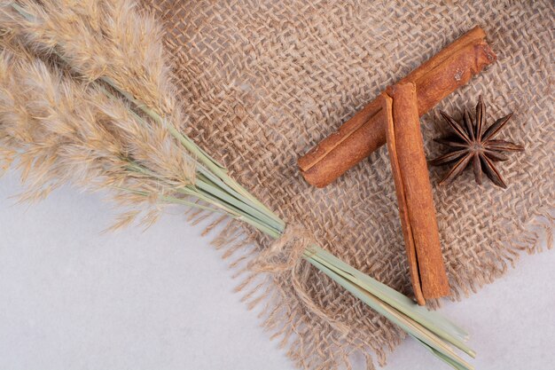 Dois paus de canela de aroma com anis estrelado em pano de saco. Foto de alta qualidade