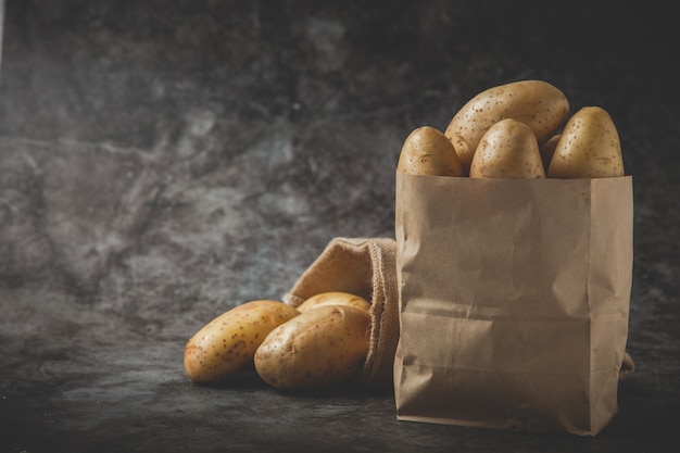 dois sacos cheios de batatas no chão cinza