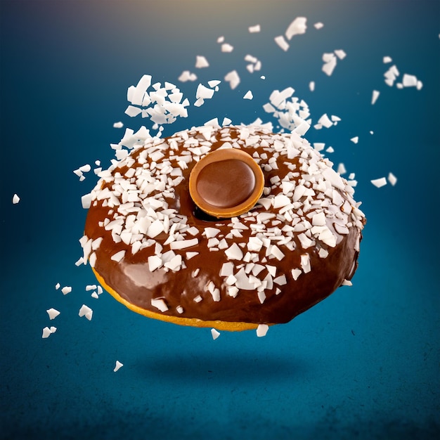 Donut de chocolate com flocos de coco voando no ar em um azul