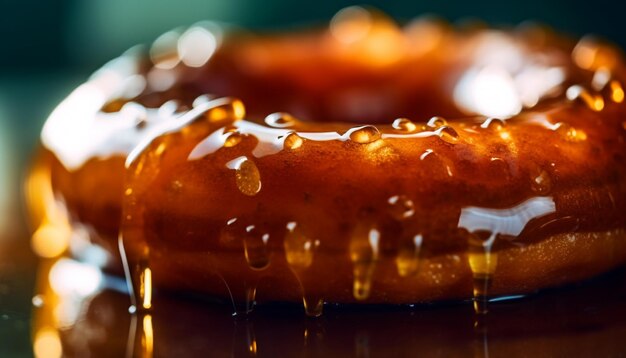 Donut indulgente e bebida em mesa de madeira gerada por IA