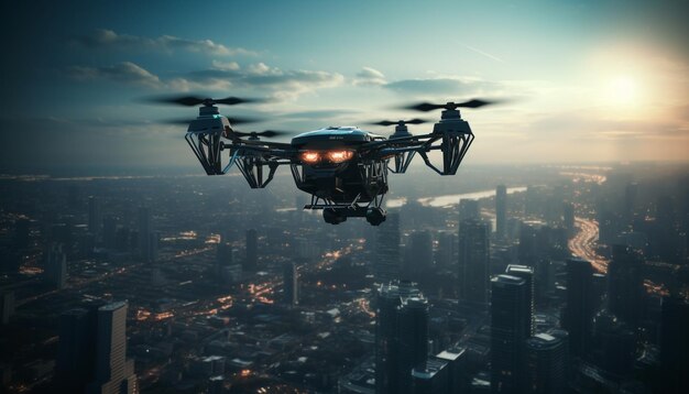 Drone futurista paira no ar filmando paisagem urbana gerada por IA