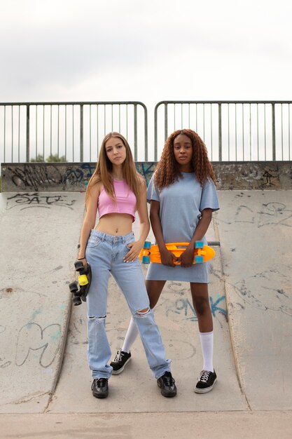 Duas adolescentes passando um tempo juntas no parque, na pista de patinação