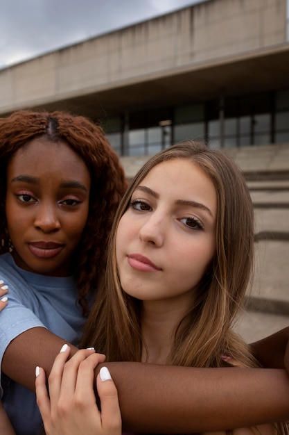 Duas adolescentes posando juntas para uma selfie ao ar livre