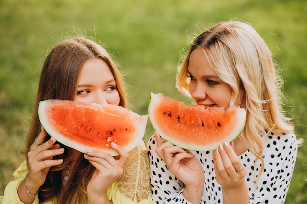 Duas amigas fazendo piquenique no parque